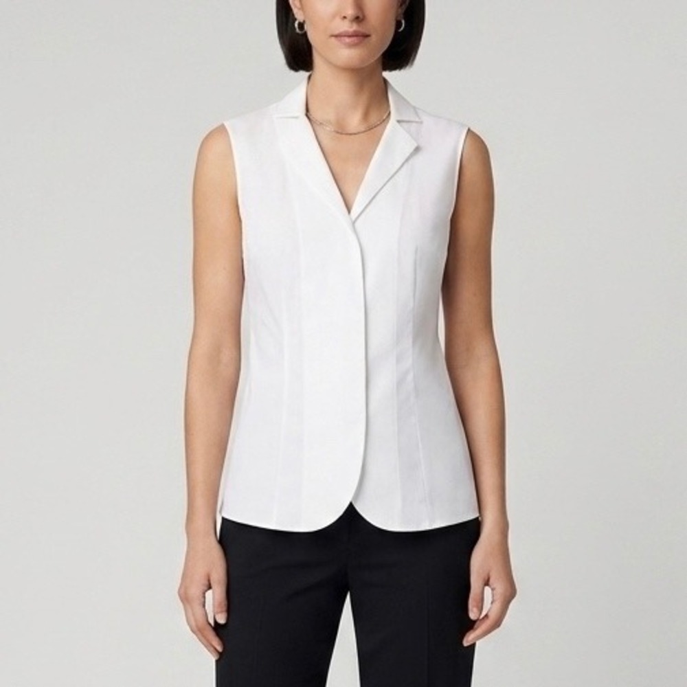 Akris White Sleeveless Notched Lapel Tailored Cotton Blend Blouse Top Size 4